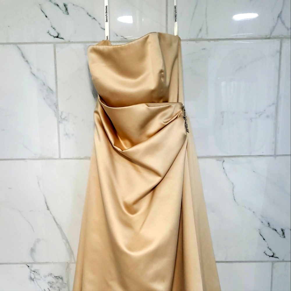 David's Bridal champagne strapless a-line dress.